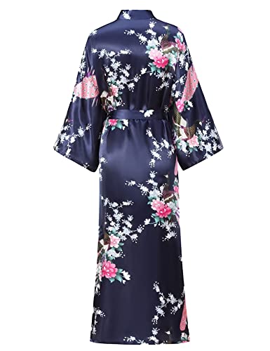 Image of Women's Floral Long Satin Robes Plus Size Long Silk Robes Peacock Floral Kimonos Sleepwear Dressing Gown