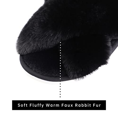 Women's Cross Band fluffy Slippers, Lady Soft Plush Faux Rabbit Fur Furry Cozy Open Toe House Indoor Warm Slippers4