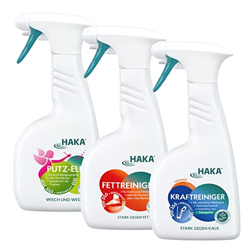 HAKA Haushalt Reinigungs-Set, 3x500 ml Spray, Fettreiniger für Küche & Grill, Kraftreiniger gegen Kalk & Schmutz im Bad, Putz-Elfe Displayreiniger empfindliche Flächen, umweltfreundlich HAKA Haushalt Reinigungs-Set, 3x500 ml Spray, Fettreiniger für Küche & Grill, Kraftreiniger gegen Kalk & Schmutz im Bad, Putz-Elfe Displayreiniger empfindliche Flächen, umweltfreundlich