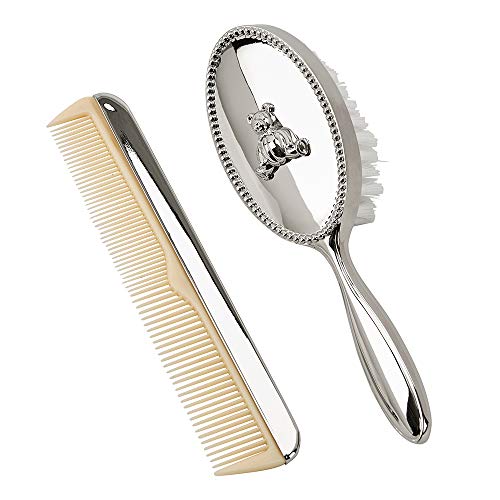 Image of Teddy Bear Silver Tone 6 inch Nickel Plated Metal Brush and Comb Kit Set