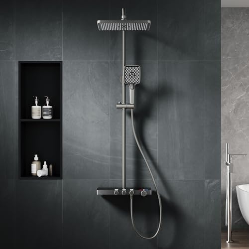 SONNI Duschsystem mit Thermostat (KTW/WRAS) Anthrazit Matt - 360° Drehbarer Eckiger Kopfbrause (1 Strahlart), Handbrause (3 Strahlarten), Brausestange aus Runde, Duschset, 38°C Konstanttemperatur, ABS