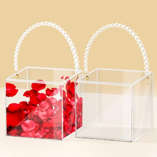 Pahdecor 2Pcs Flower Girl Basket set of 2 Plastic Wedding Basket Petals Basket with Pearl Handle Clear Flower Holder for Confetti,Wedding Home Decoration