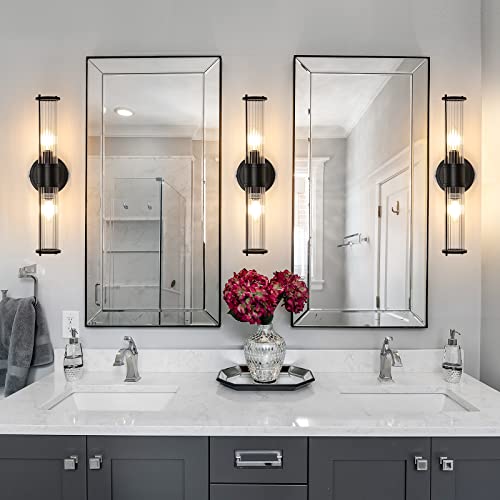 Image of Bathroom Sconce Wall Lighting - Black Bathroom Vanity Light Fixture Vertical and Horizontal Wall Mount 2-Light Modern Indoor Wall Light for Hallway Living Room(E12 Bulbs Excluded)