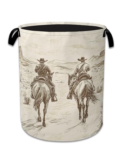 Image of Western Cowboy Laundry Hamper With Handle,Foldable Oxford Cloth Horse Desert Laundry Basket,20.8 inchx16 inch Clothes Storage Basket for Laundry Room /Bedroom /Bathroom