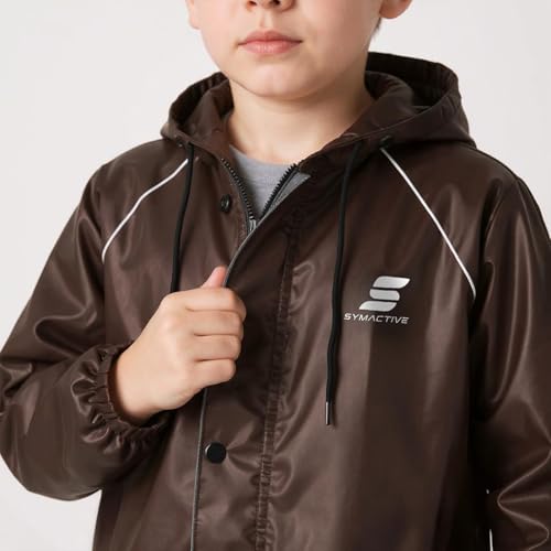 Image of Amazon Brand Symactive Reversible Double Layered Standard Length Hooded Raincoat with Pants for Kids (Unisex) | Waterproof | Elastic Cuffs | Age 08-10 Years | Brown | Polyester