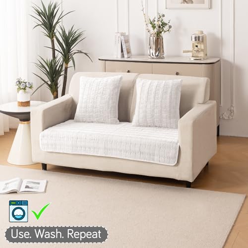 Image of HOKIPO 'Plush Haven' Premium Anti-Slip Sofa Cover Mat for 2 Seater Sofa | Soft Fluffy Plush Fabric, White (AR-5033-WHT*1)