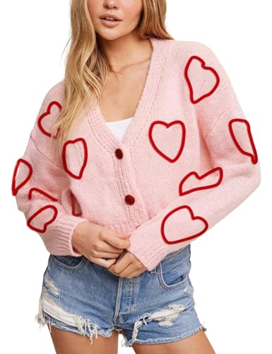 Image of Yimoon Women's Valentines Heart Cardigan Sweater Cute Cropped Knit Sweater Oversized Button Down Cardigan Top