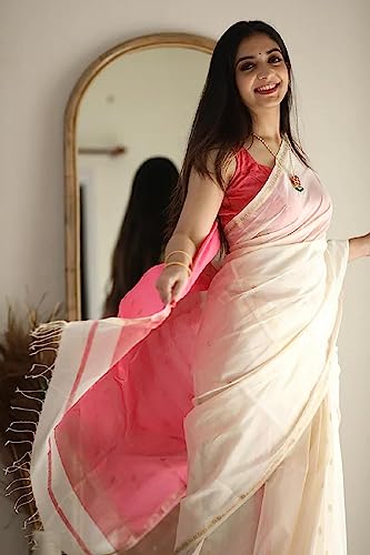 Image of SGF11 Women's Kanjivaram Soft Cotton Linen Silk Saree With Blouse Piece (White)