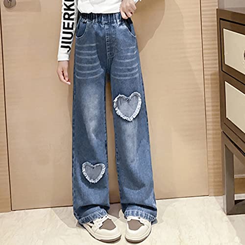 Kids Girl's Heart Ripped Jeans Elastic High Waist Wide Leg Jeans Children Baggy Pants Slit Denim Pants 2~12T2