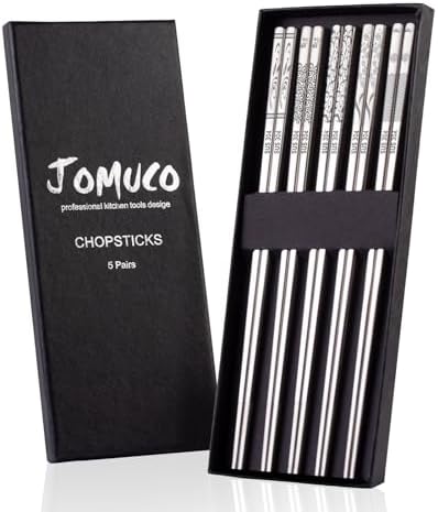 5 Pairs Stainless Steel Chopsticks JOMUCO Reusable Metal Chopsticks Dishwasher Safe Laser Engraved Pattern Chinese Korean Japanese Chopsticks Gift Set Easy to Use and Clean (Silver)