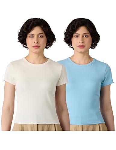 Image of Amazon Brand - Symbol Women's Slim Fit Cropped Rib T-Shirt (Round Neck | Half Sleeve | Pack of 2) (Available in Plus Size)