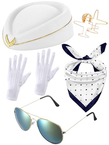 Bencailor 6 Pcs Halloween Women Flight Attendant Costume Accessories Stewardess Outfits Bellhop Hat Scarf Sunglasses Gloves(White)