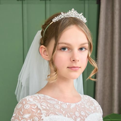 Lovelyshop Holy White Short Veil with Crystal Headband Set, First Communion Accessory3