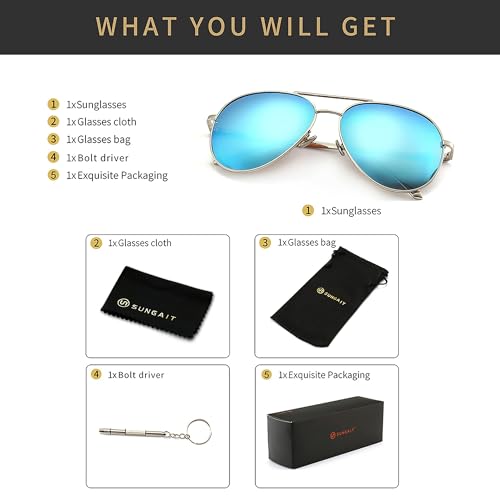SUNGAIT Women’s Lightweight Oversized Aviator Sunglasses - Mirrored Polarized Lens (Silver Frame/Blue Mirrored Lens, 60) 1603YKL — view 6