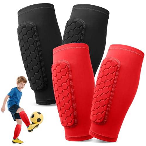 Pardofelis 2 pares de caneleiras de futebol para crianças para adultos, proteção de panturrilha respirável e antiderrapante, anticolisão celular caneleiras de futebol para jovens homem, preto vermelho