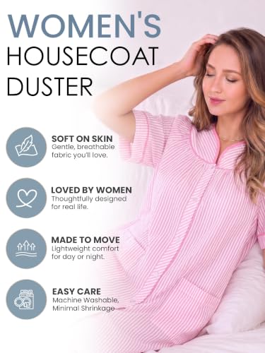 Image of Casual Nights Women's Snap - Front House Dress Short Sleeve Woven Housecoat Duster Lounger Robe with Pockets