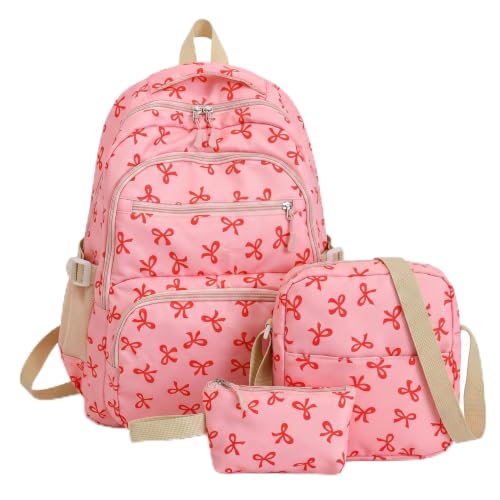 Sac à dos Kawaii pour filles avec nœud et cartable en nylon rose rouge ensemble de 3 pièces