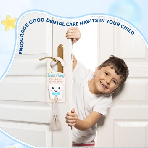 Image of Tooth Fairy Door Hanging Tooth Fairy Storage Bag One Tooth Fairy Coin Keepsake Wooden Tooth Holder with Money Slot to Commemorate Your Child's First Lost Tooth, Tooth Fairy Gift(Blue)