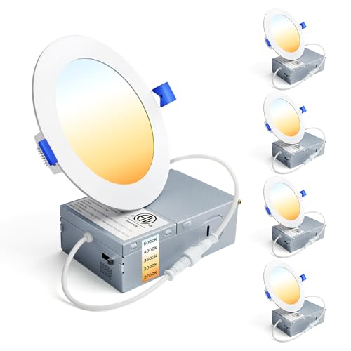 Ensenior 4 Pack 4 Inch LED Recessed Light Dimmable 2700K-5000K 5CCT 750LM High Brightness 9W 120V Damp Rated Ultra-Thin Canless Wafer Ceiling Light - ETL & FCC & IC