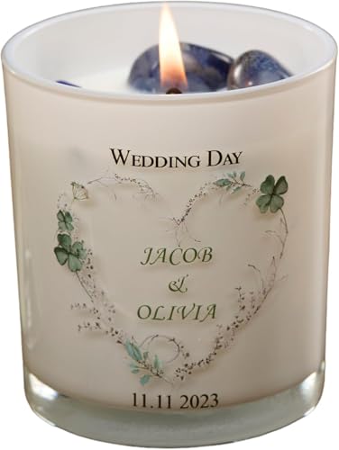 Personalised Wedding Day Candle Gift with Green Floral Heart (Sea Breeze)