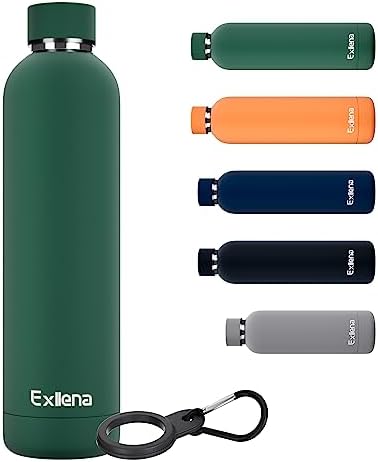 Exllena Insulated Water Bottles 1L with Water Bottle Buckle, Double Wall Stainless Steel Water Bottles 12 Hrs Hot/24 Hrs Cold, BPA Free for Gym, Camping, Hiking (Emerald Green)