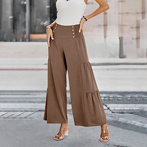 YOLAI Women's Casual Long Palazzo Pants Elastic High Waist Wide Leg Trousers Cotton Linen Loose Pants (D, M)2