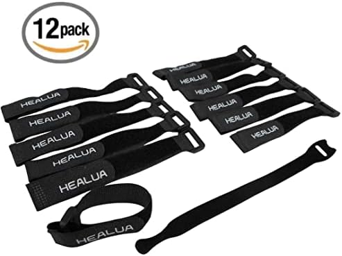 HEALUA Reusable Cinch Straps 3/4" x 8" - 12 Pack, Multipurpose Quality Hook and Loop Securing Straps (Black) - Plus 2 Free Bonus Reusable Cable Ties