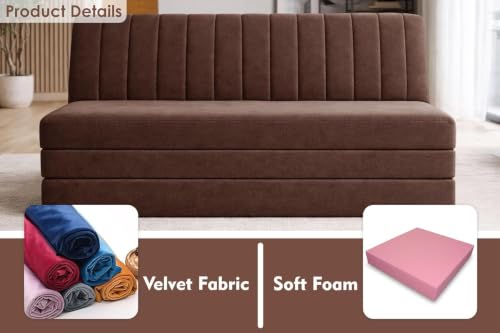 Image of Deco Studio 3 Seater Floor Sofa Bed with Adjustable Backrest, Modern Velvet Fabric Folding Couch for Living Room, Guest Room & Small Spaces - Brown Color