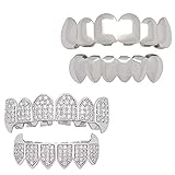 LuReen Hip Hop Grillz 2 Sets, CZ Paved Diamond Silver Grillz Teeth Vampire Fangs and Silver Grills...