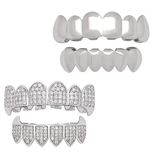 Lureen Hip Hop Grillz 2 Sets, Cz Paved Diamond Silver Grillz Teeth Vampire Fangs And Silver Grills For Your Teeth For Men Women #TOP6