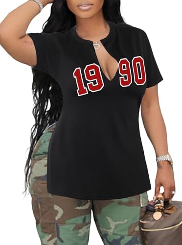 LovelyWholesale Womens Graphic Tees Sexy V Neck Short Sleeve Side Slit T Shirts Letter Print Black Small Black Chicago Medium