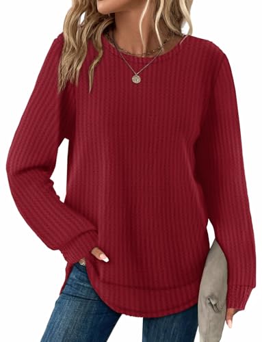 WIHOLL Long Sleeve Shirts for Women Tunic Tops Loose Fit Dressy Waffle Knit Western Outfit Womens Clothes Trendy Casual Fashion Clothing Christmas Red XL