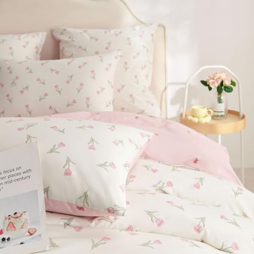 Freyamy Mädchen Bettwäsche 220x240 Baumwolle Rosa Blumen Bettwäsche Set – Ansicht 4