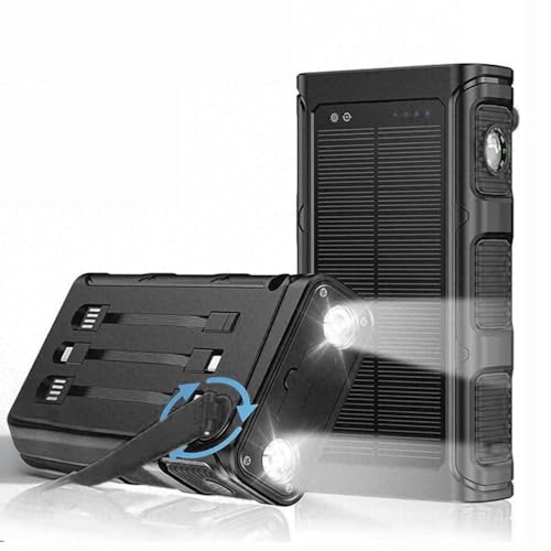 63800mAh Solar Power Bank Large Capacity Fast Charging Portable Battery Pack with USB/Type-c/Micro Dual LED Flashlights Solar Panel Built in 3 Cables Charger for Outdoor Camping Survival-Black