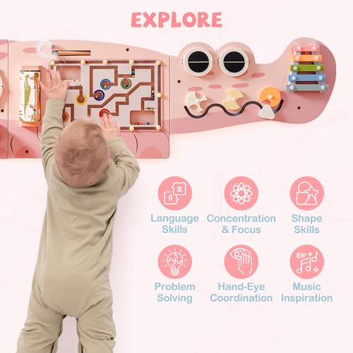 Image of ROBOTIME Crocodile Busy Board Wall Panels for Toddlers, Pink Montessori Sensory Activity Board, Montessori Sensory Wall-Mounted Learning Center Toy for Kids Room, Educational Toys for Boys & Girls