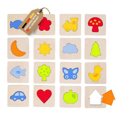 GOKI Wooden Montessori Sensory Toys for Toddlers - Shape Matching Wooden Puzzle with 16 Pieces & Cotton Bag - Shape Recognition & Fine Motor Skills - Learning Sensory Game for Kids Ages 3+