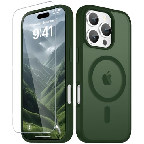 Image of YENAPOON for iPhone 16 Pro Case, Matte Magnetic Phone Cover [with 1 Screen Protector] [Support for MagSafe] [Shockproof Military Grade Protection] Translucent Frosted Back, Sage Green