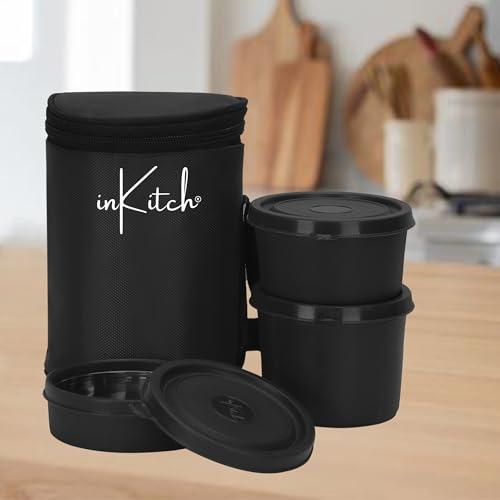 Image of Microwave Safe Lunch Box Set with Bag, 3 Containers (250 /400 /500 ml), Black | Outer Plastic & Inner Stainless Steel Tiffin Box | Leakproof Lunch Boxes