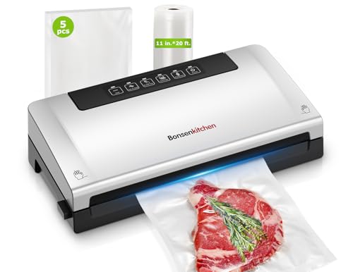 Image of Bonsenkitchen Vacuum Sealer Machine, Built-in Cutter | Bag Storage, Multifunctional Food Sealer for Sous Vide & Meal Prep, 1 Roll Bag & 5 Pre-Cut Bags, Silver