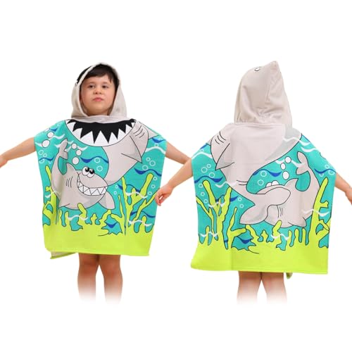 Image of TONY STARK Poncho Towel for Kids, Beach Towel with Hoodie, 60x60cm Travel Towel for 1-7 Years Girls and Boys, Soft Microfiber Sleeved Poncho (Jawsome Shark)