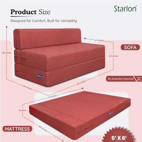 Image of Starlon 3 Seater Foldable Sofa Cum Bed 3-in-1 with Washable Jute Fabric Cover, Space Saving Guest Bed for Living Room & Apartment, Pre-Assembled Royal Maroon 5x6 Ft