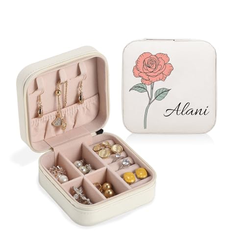 Wsedeluo Personalized Travel Jewelry Box with Name/Birth Flower Month, Custom Leather Jewelry Organizer Box for women, Birthday Gifts for Girls Girfriend Mom, Wedding Bridesmaid Proposal Case (White)