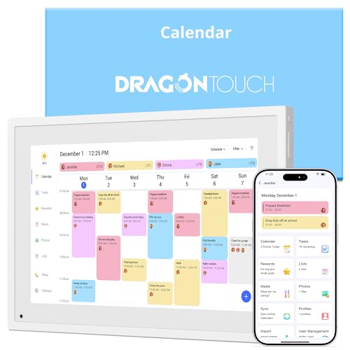Dragon Touch 10.1 inch Digital Calendar Chore Chart Interactive Touchscreen Smart Family Planner Hearth Display Desk Digital Calendar Seamless Scheduling white