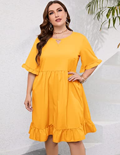 Kojooin Women's Plus Size Keyhole Neck Ruffle Sleeve Casual Dress A Line Swing Babydoll Midi Dresses (Lemon Yellow,5Xl) #TOP1