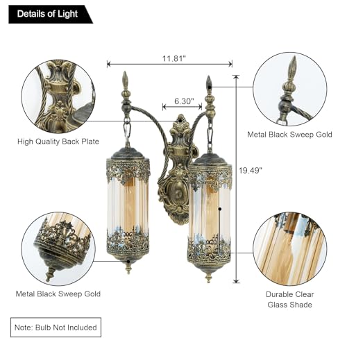 Image of Rustic Wall Sconce with Amber Glass Vintage Antique Gothic Wall Light Fixture Retro Mid Centry Lantern Wall Sconce for Bedroom, Living Room, Mirror, Brush Gold