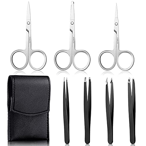 Nose Hair Scissors Facial Hair Scissors 3 Pieces Curved and Rounded Facial Hair Scissors with 4 Pieces Stainless Steel Tweezers for Eyebrows, Nose, Mustache, Beard