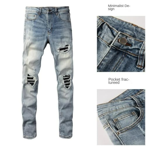 Jeans Pants Trouser Denim Men Stretch Slim Fit Street Trendy Worn Hole Punch Washed Grinding Fading Wrinkle Casual Small Foot(Light Blue,33)4