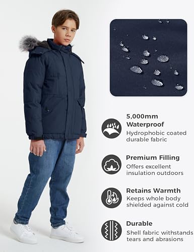 Image of wantdo Boys' Winter Coat Waterproof Puffer Jacket with Detachable Hood | Removable Faux Fur Hood,5000mm Waterproof,Fleece Lined,Outerwear,Machine Washable