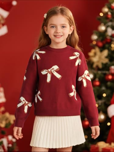 Girls' Knit Pattern Pullover Sweaters Crewneck Long Sleeve Fall Casual Tops, Size 5-14 Years4