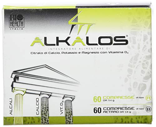 Alkalos di Biohealth Italia - Integratore Alimentare a Base di Citrato di Calcio, Potassio e Magnesio con Vitamine D - Barattolo A 60 compresse + Barattolo B 60 compresse